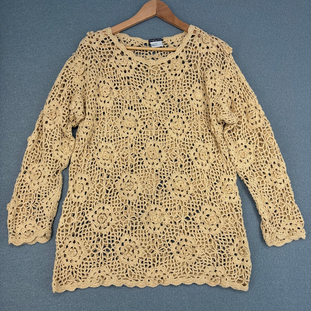 Sam & Libby Vintage 100% Silk Noil Crochet Sweater Boho Floral Beige Medium